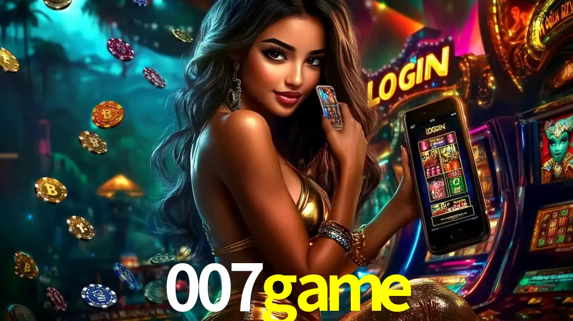 Mulher em um cenário de cassino temático de aventura, mostrando o app de caça-níqueis da 007game no celular. Fichas de apostas flutuam ao redor.