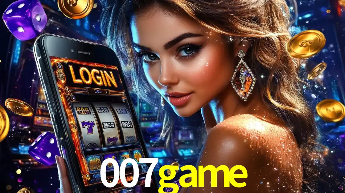 Mulher glamorosa segurando um smartphone com a tela de login para os jogos de caça-níqueis do cassino online 007game, com moedas de ouro e dados ao redor.