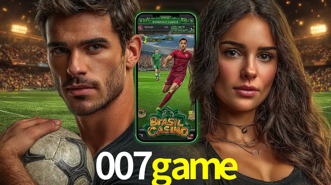 Homem segurando uma bola de futebol e uma mulher ao lado de um smartphone exibindo o jogo de apostas esportivas da 007game. Faça seu palpite no cassino online.